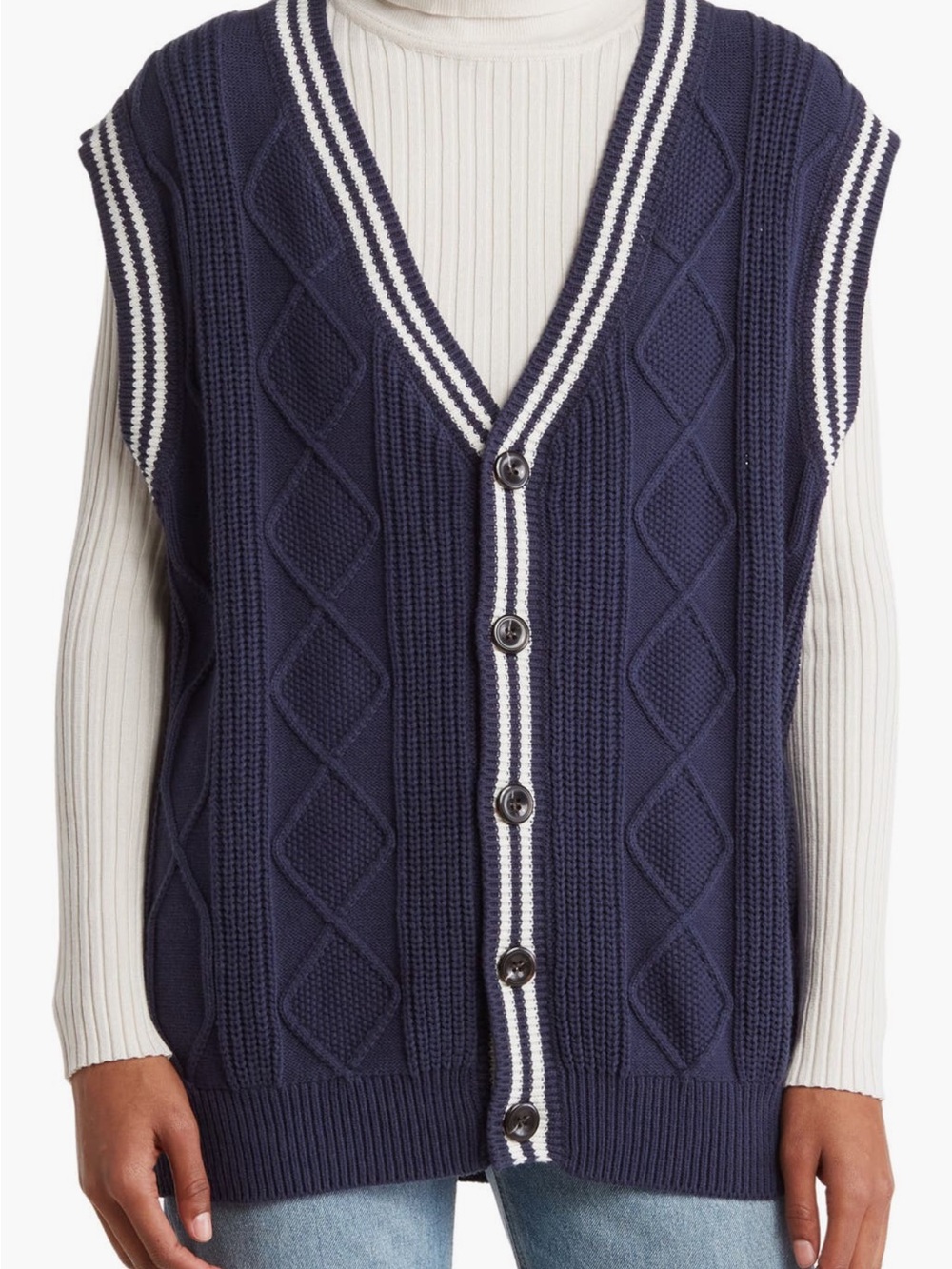 🆕 Navy and White Cable Knit Button Vest